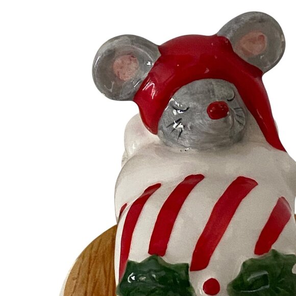 Otagiri Ceramic Sleeping Mouse Christmas Music Box candy Stripes Japan CHIP - Picture 9 of 11